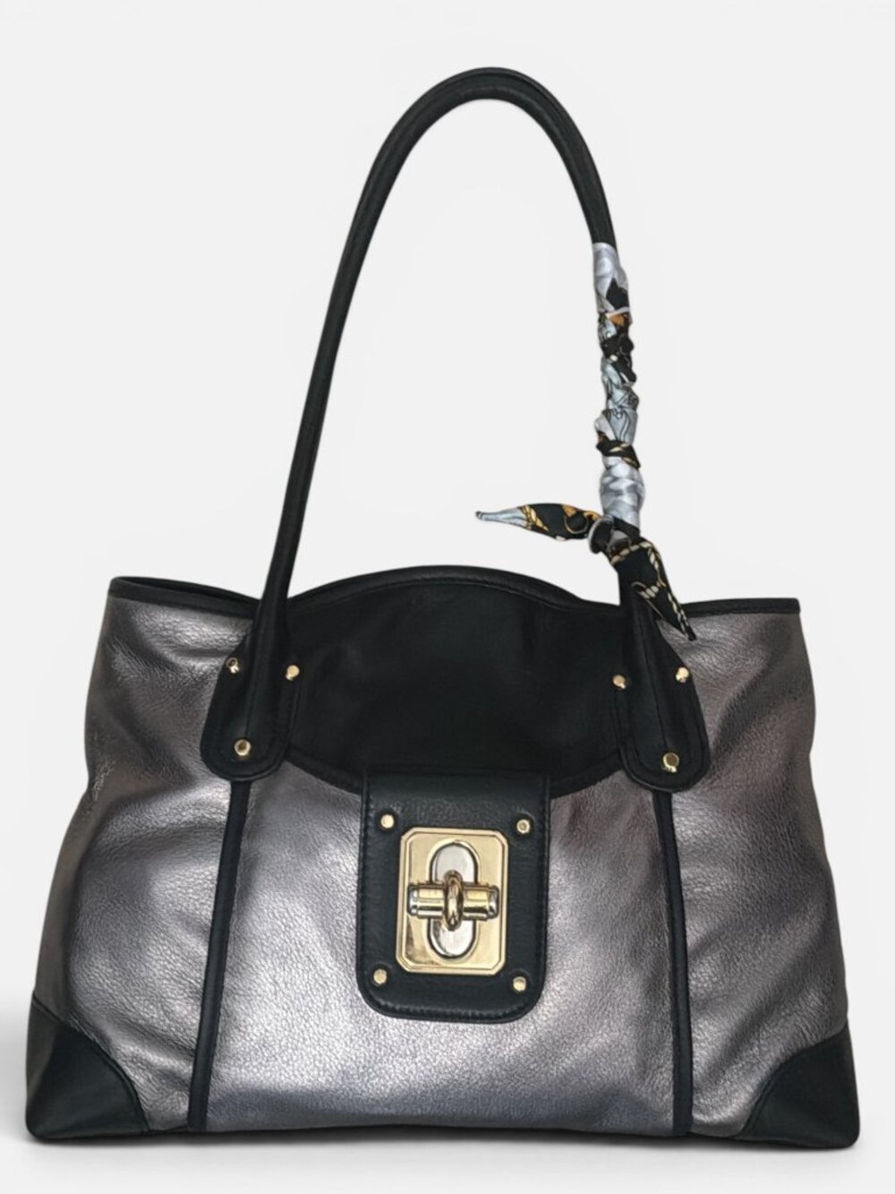 B Makowsky Nolita Turnlock Satchel Silver Black Colorblock Leather Shoulder Bag - Picture 3 of 8